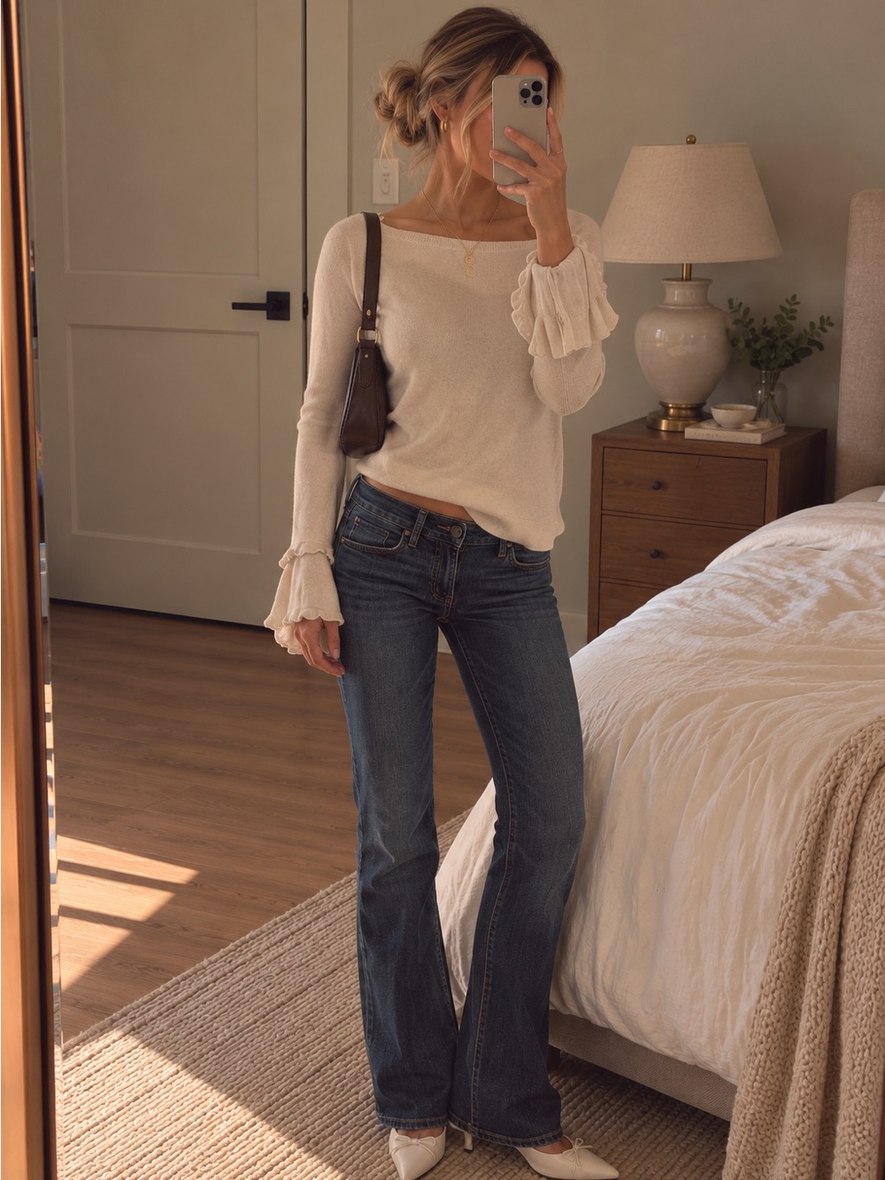Saks Fifth Avenue Pale Pink Ruffle Bell Sleeve Crewneck Sweater